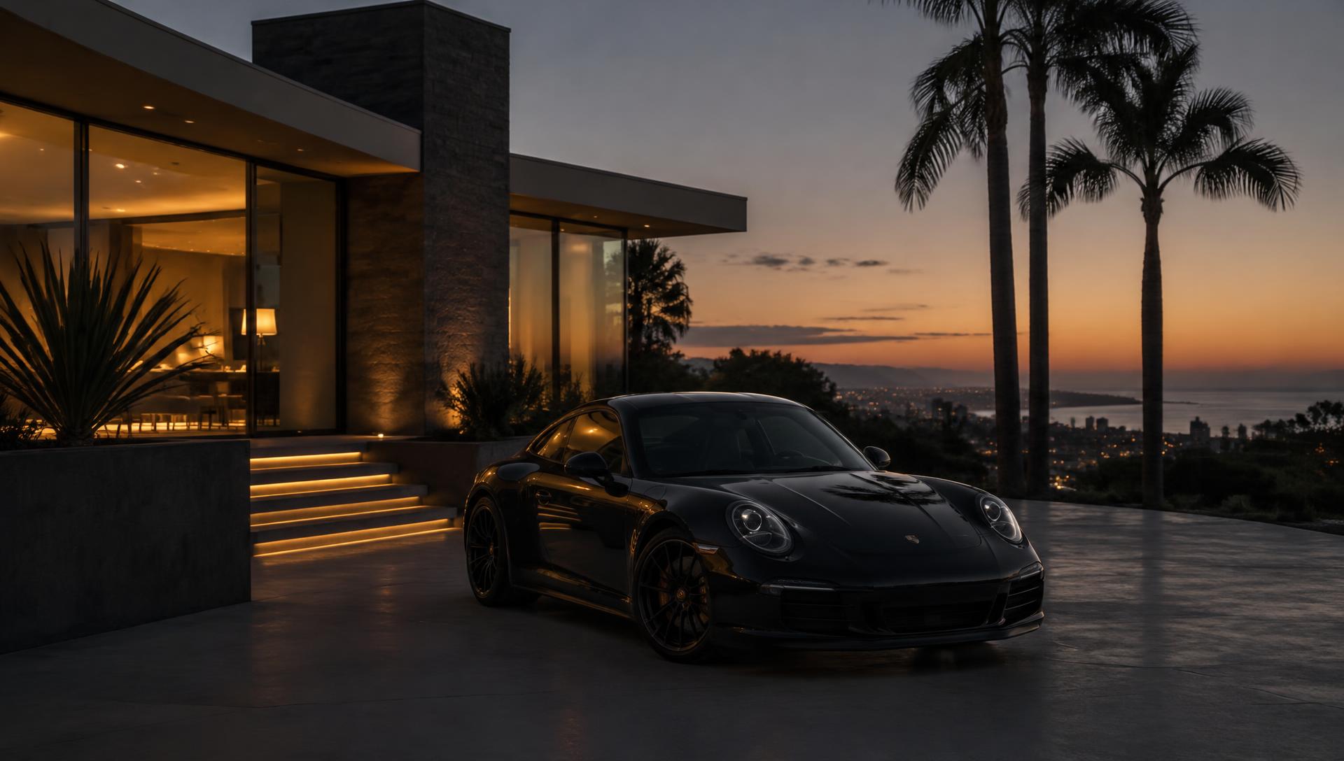 Black luxury sports coupe parked before a modern Southern California home at dusk