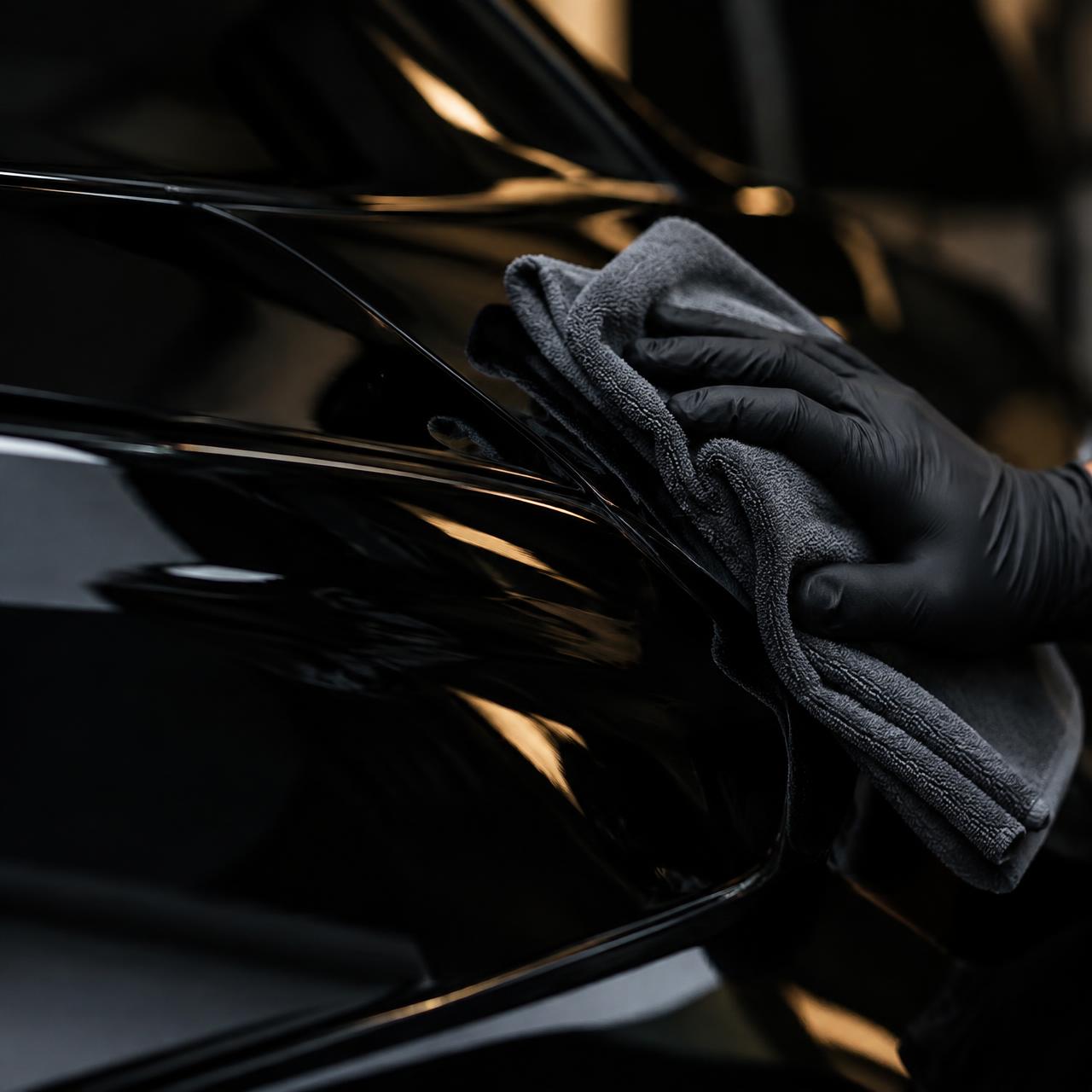 Gloved hand drying flawless black paintwork with a microfiber towel